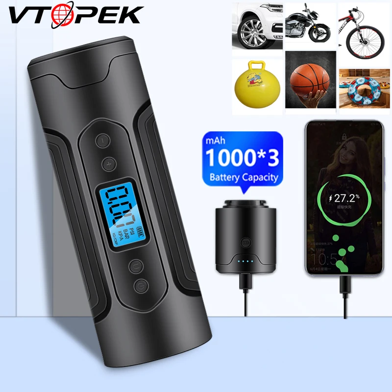 

Vtopek Mini Car Air Pump Compressor Car Tyre Inflatable Portable Electric for Motorcycle Bicycle ball Wireless Tire Pressure