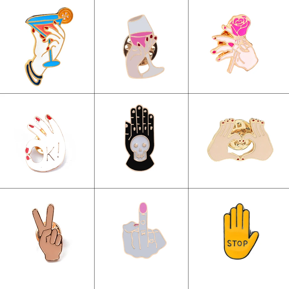 Gesture Collection ! Sign Language OK Okay YEAH Red Nails Heart Hand Finger Enamel Badges Brooches Pins Fashion Ladies Brooch