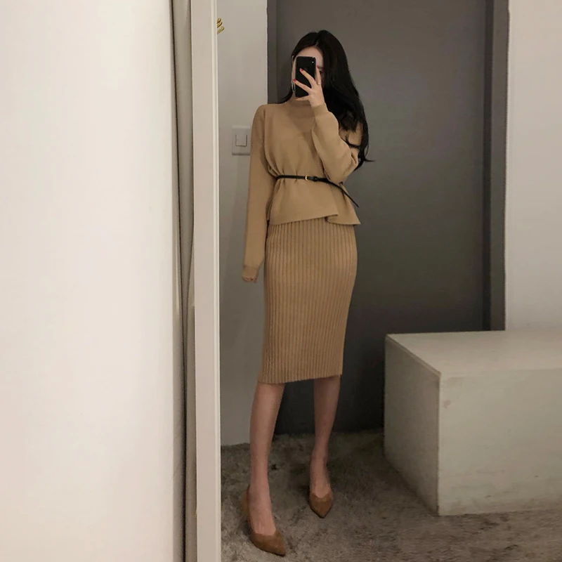 Женское вязаное платье свитер комплект из двух предметов Осень зима