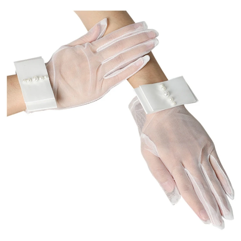 

41XC Women Bridal Gloves with Ribbon Bow Decor Sheer Short Tulle Party Gloves