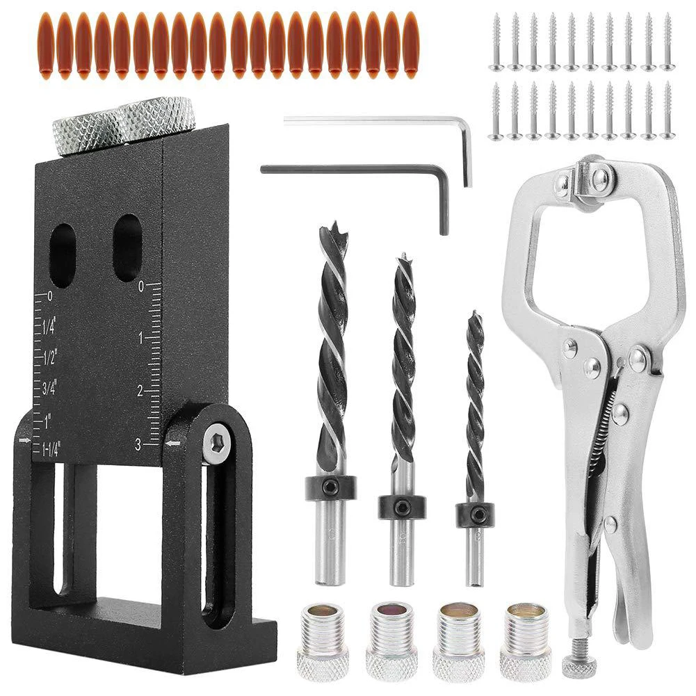 

56PCS Pocket Hole Jig Kit Drilling Guide 6mm 8mm 10mm Bits with Clamp Dowel Locator Woodworking Clamp Dowel Drill Jig Aluminum