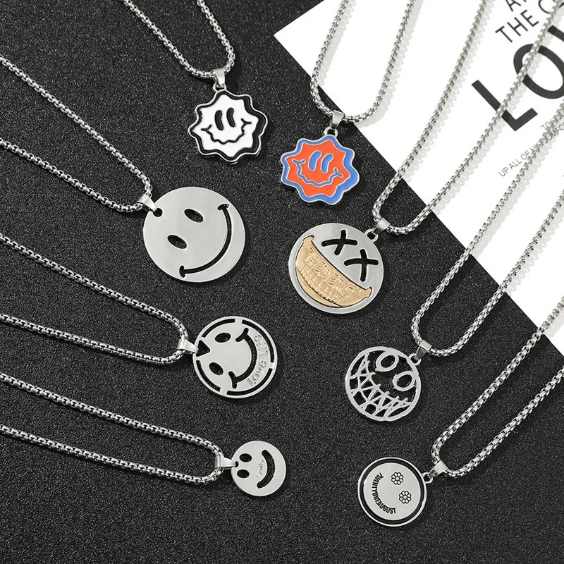 

Personality Hip Hop Punk Style Long Chain Necklace For Women Men Stainless Steel Smilry Face Pendant Necklace Fashion Jewelry