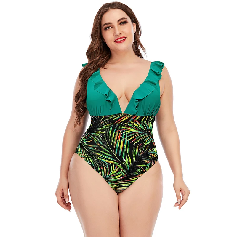 

2020 European and American New Large Size One Piece Swimsuit with One Piece Printing and Color Matching Ruffle for Women