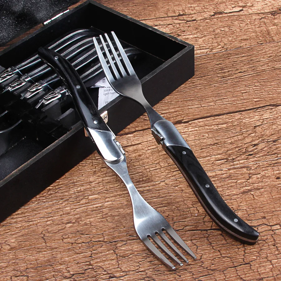 

High-Grade Black Colored Wooden Handle West 6-Piece Fork Tableware French Laguiole Steak Knife Noodle Fork Gift Box Set