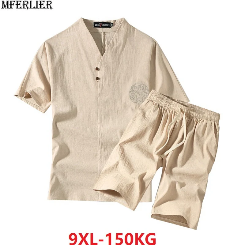 

Summer Men vintage big size Short Sleeve T-shirt and shorts chinese style Tees 7XL 8XL 9XL v-neck linen loose khaki tshirt blue