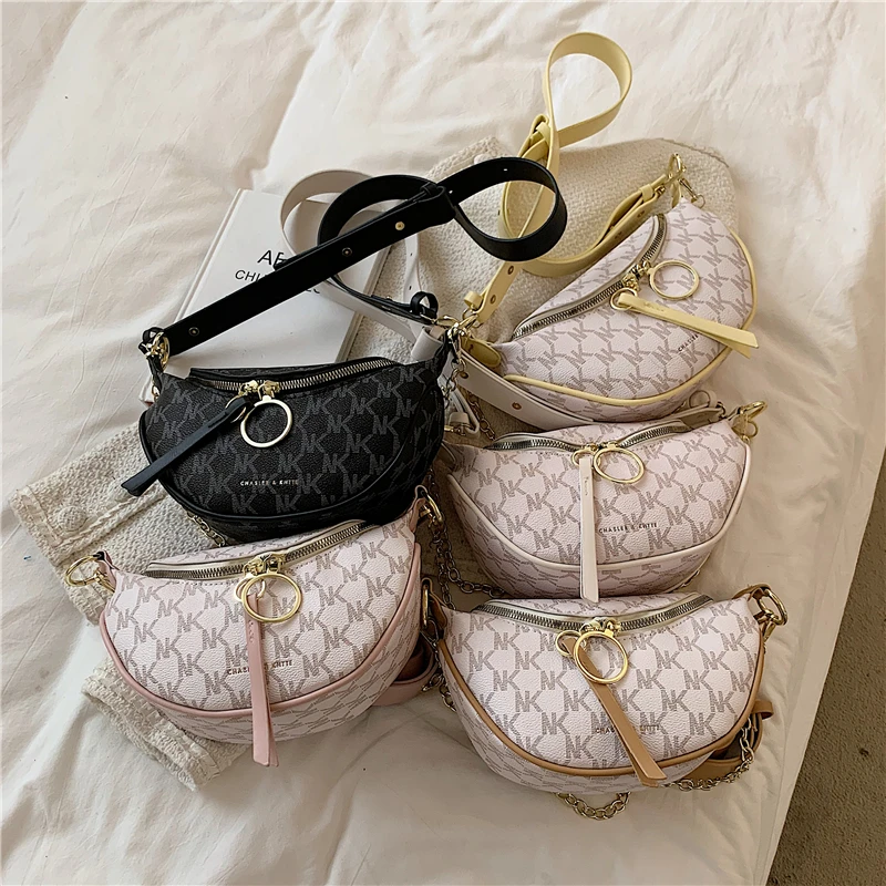 

Burminsa Letters Printing Small Chest Bags For Women Double Zippers Wide Strap Chain Ladies Shoulder Crossbody Bags Summer 2021