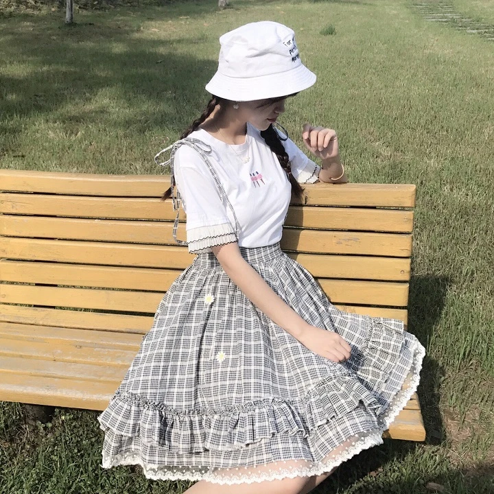 Kawaii Лолита юбка японский стиль 90 подростков мягкая Сестра Дейзи аппликации кружева лоскутное рюшами Сарафан в клетку юбки