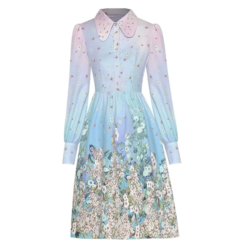 

Платье с длинным рукавом, воротником «Питер Пэн» и цветочным принтом