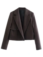 women 2021 fashion cropped check blazer coat vintage long sleeve patch pockets female outerwear chic veste femme