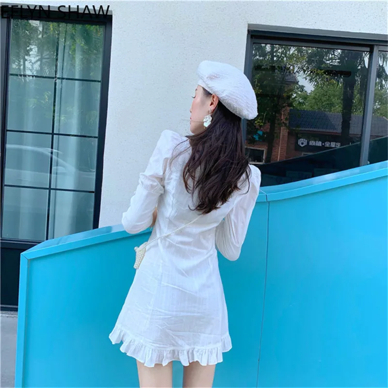 

Women Short Dress Korean Holiday Square Collar Summer Short Dress Fungus 3/4 Sleeved A-line White Dress Vestidos De Fiesta
