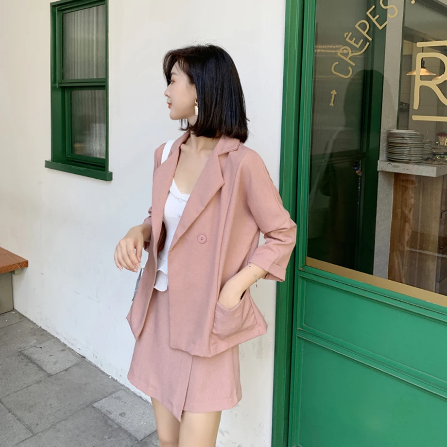 Женский костюм из двух предметов повседневный однотонный пиджак с карманами и
