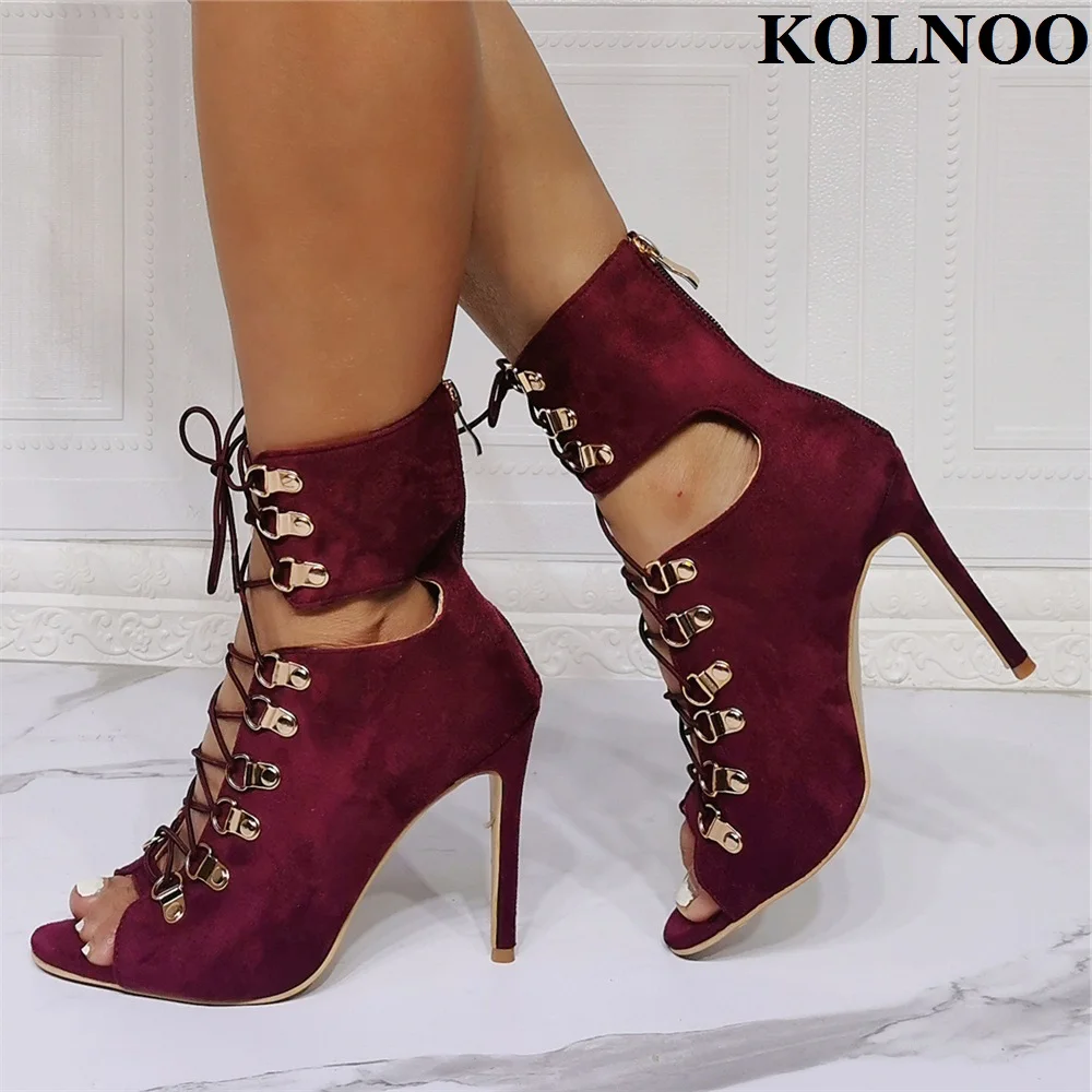 

Kolnoo New Style Handmade Ladies Stiletto Heeled Sandals Real Photos Cross Shoelace Peep-Toe Sexy Shoes Evening Fashion Shoes