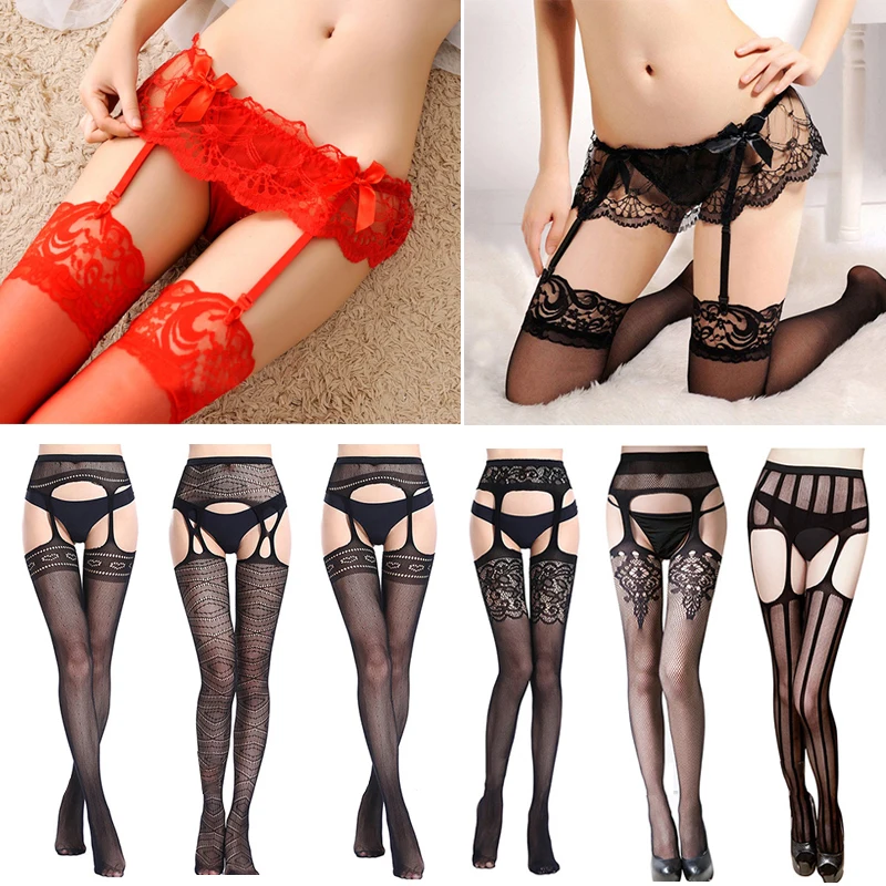 

Fashion Sexy Thigh High Stockings Suspender Garter Belt Lace Tights Lingerie Women Female Exotic Apparel Mesh Bodysuit Stockings