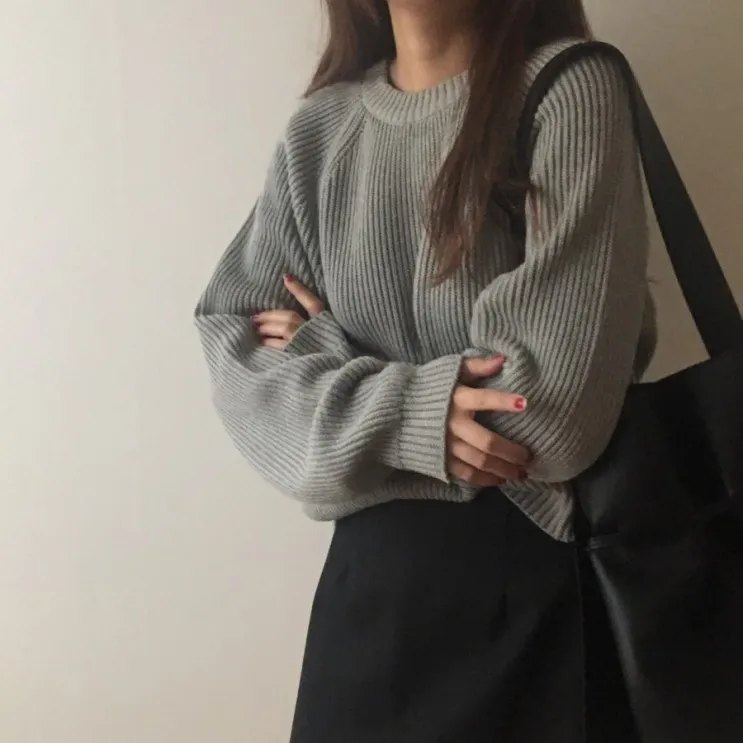 Модный женский вязаный свитер с длинным рукавом однотонный пуловер круглым