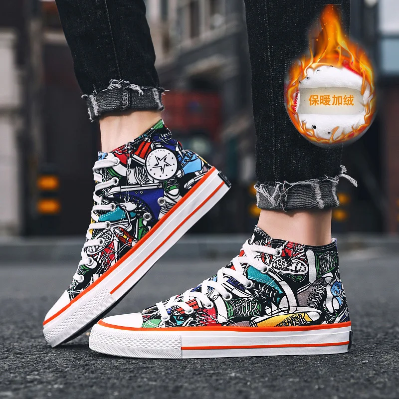 

Autumn and winter tide graffiti high top men's shoes leisure all-match add velvet high top canvas shoes