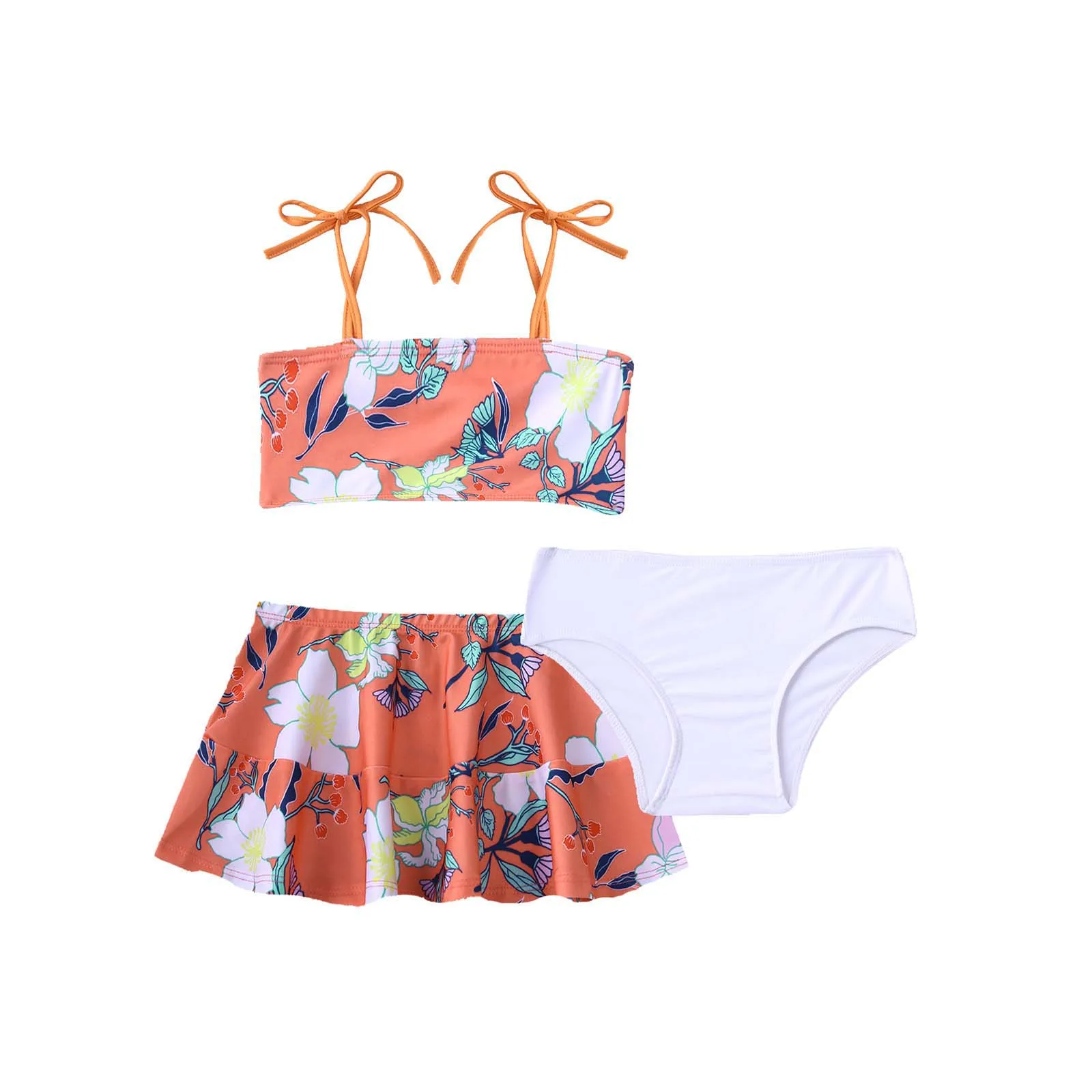 3Pcs Teen Girls Brazilian Swimsuits Summer Swimming Suit Straps Tube Tops with Skirt and Briefs Set Beach Swimwear Bathing Suits