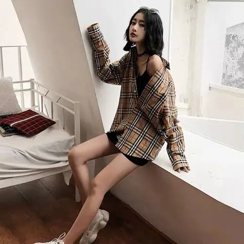 

Shirt plaid shirt for female lovers long sleeve retro loose size summer versatile