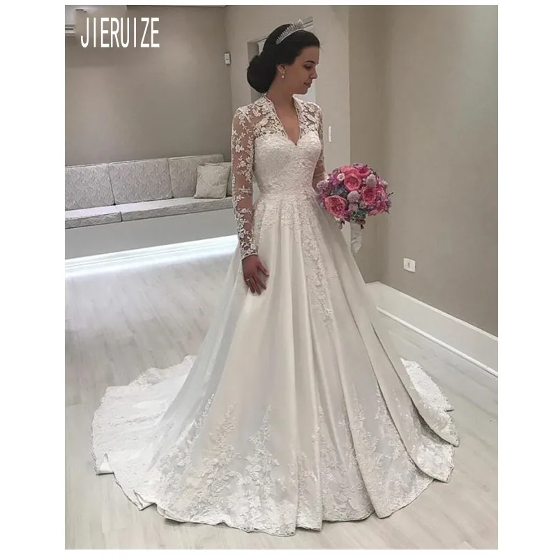 JIERUIZE винтажные атласные свадебные платья с v образным вырезом и длинным рукавом