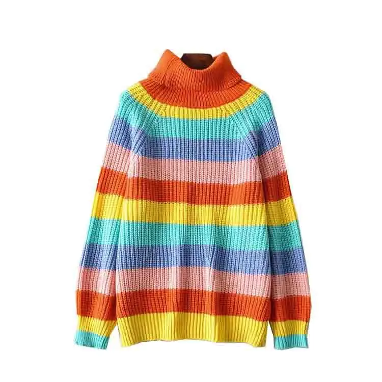 

Women's Rainbow Sweater Turtleneck Colorful Striped Long Sleeve Pullover Tops Winter Chic Casual Loose Streetwear