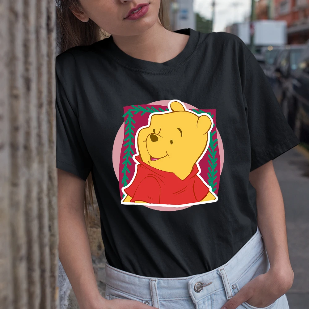 

Pooh Cute Cartoon Graphic Womens T-shirt Comfortable Black Loose Short Sleeve Harajuku Camiseta Tee Disney Beautiful Tshirt