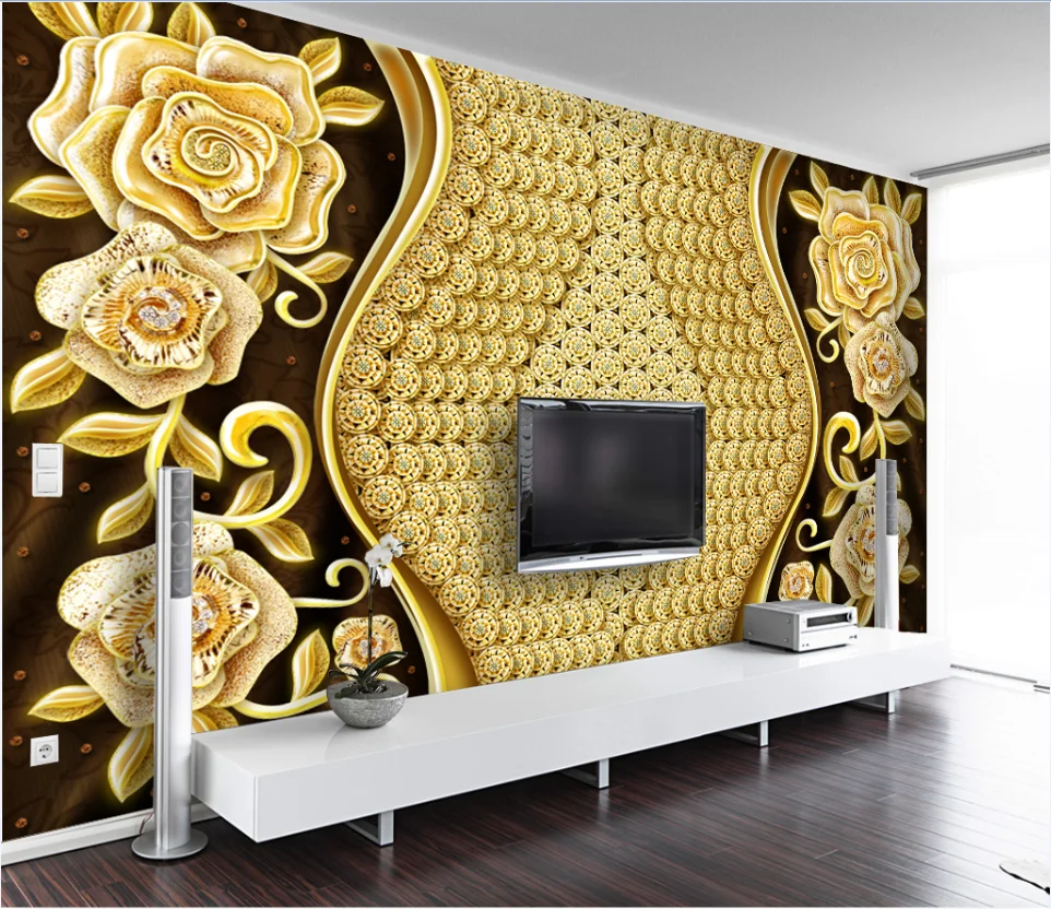 High-end luxury high-definition diamond flower golden splendid TV living room background wall decoration wallpaper