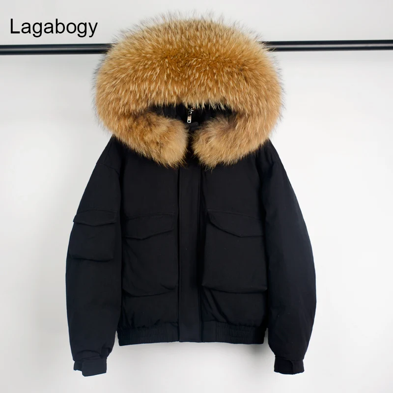

Lagabogy 2021 Large Real Raccoon Fur New Top Quality Winter 90%White Duck Down Coat Women Hooded Female Loose Warm Puffer Jacket