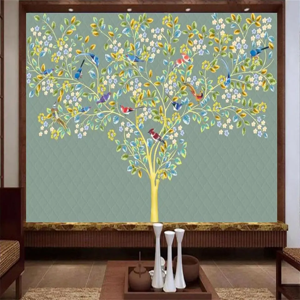 

Пользовательские 3D фото обои роспись комната диван ТВ фон роспись гостиная кровать цветы и птицы дерево 3d картина обои