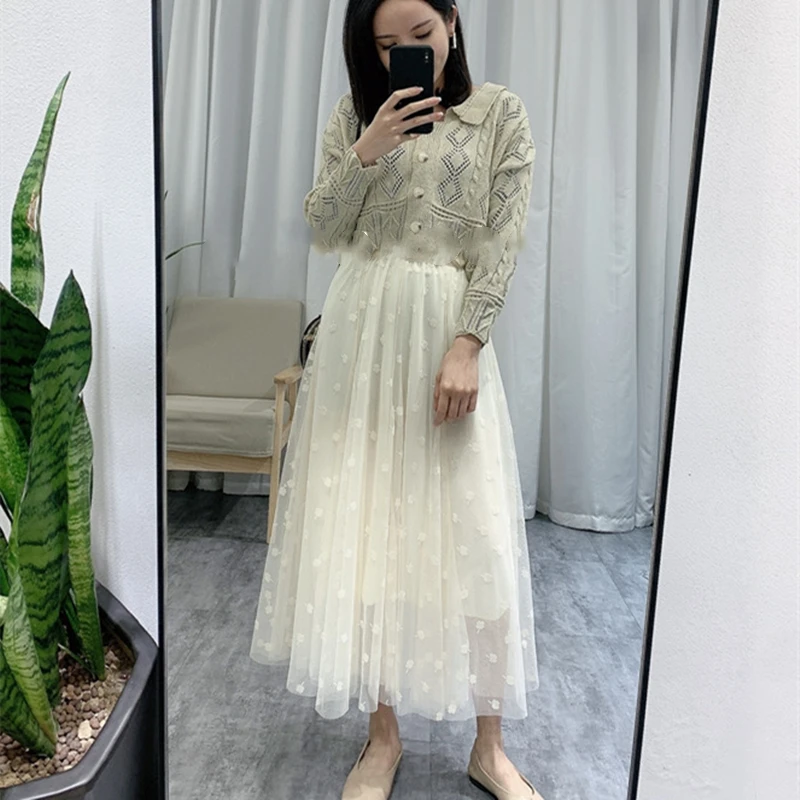 

2022Autumn New Simple Pure Color Casual Fresh Sweet Lace Skirt Elastic High Waist Slimming Women A-line Long Skirt Free Shipping