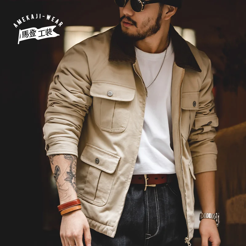 

American Retro Mens Jackets Lapel Four-pocket Hunting Vintage Jacket Sanding Plus Velvet Casual Jacket Cotton Clothes Men