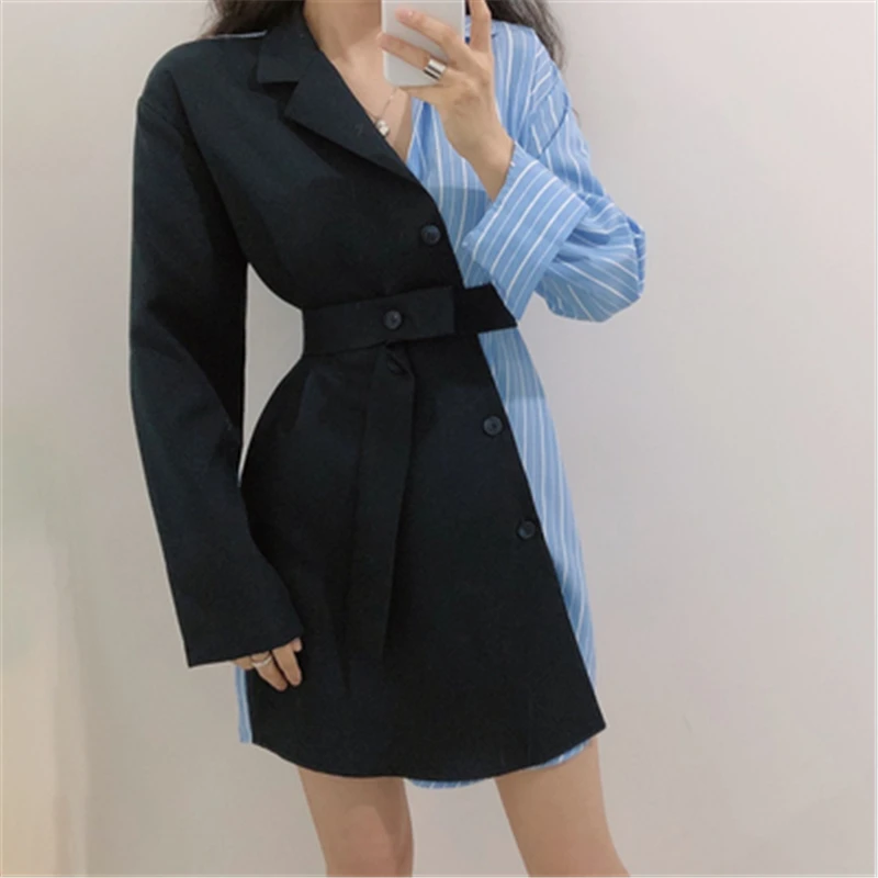

Fashion Patchwork All-match OL Style Suit Dress Women Fall Korean Retro Belt Mini Dresses For Female OL Style Dresses 2021 New