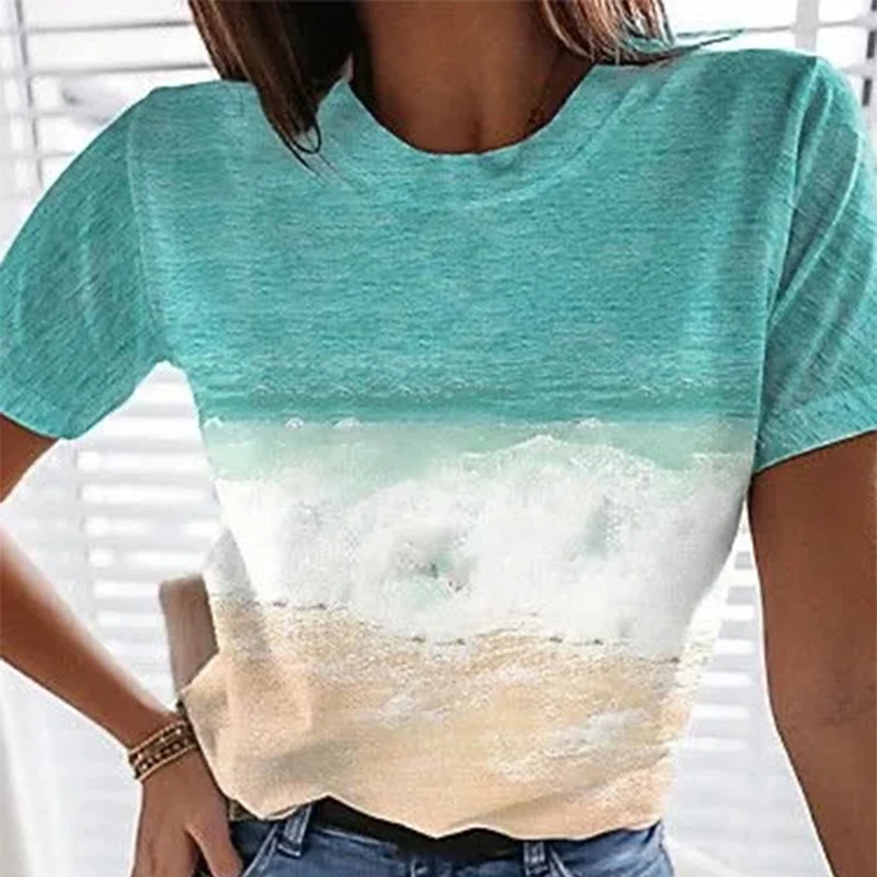 

Fashino Ocean Print Patchwork Women Tops and Blouses Elegant O Neck Short Sleeve Shirts 2021 Summer Casual Loose Slim Fit Tops