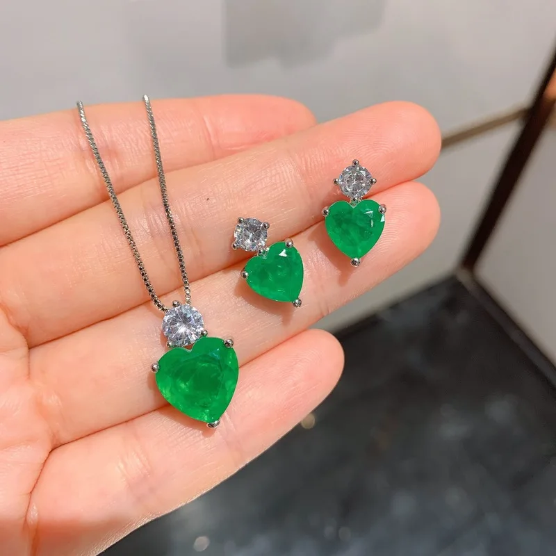 

Sterling Silver Heart Cut Emerald Gemstone Earrings/Pendant/Necklace Wedding Jewelry Sets Wholesale