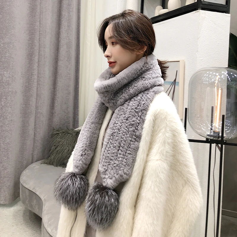 Женский настоящий шарф из меха кролика рекс с двумя серебряными помпонами