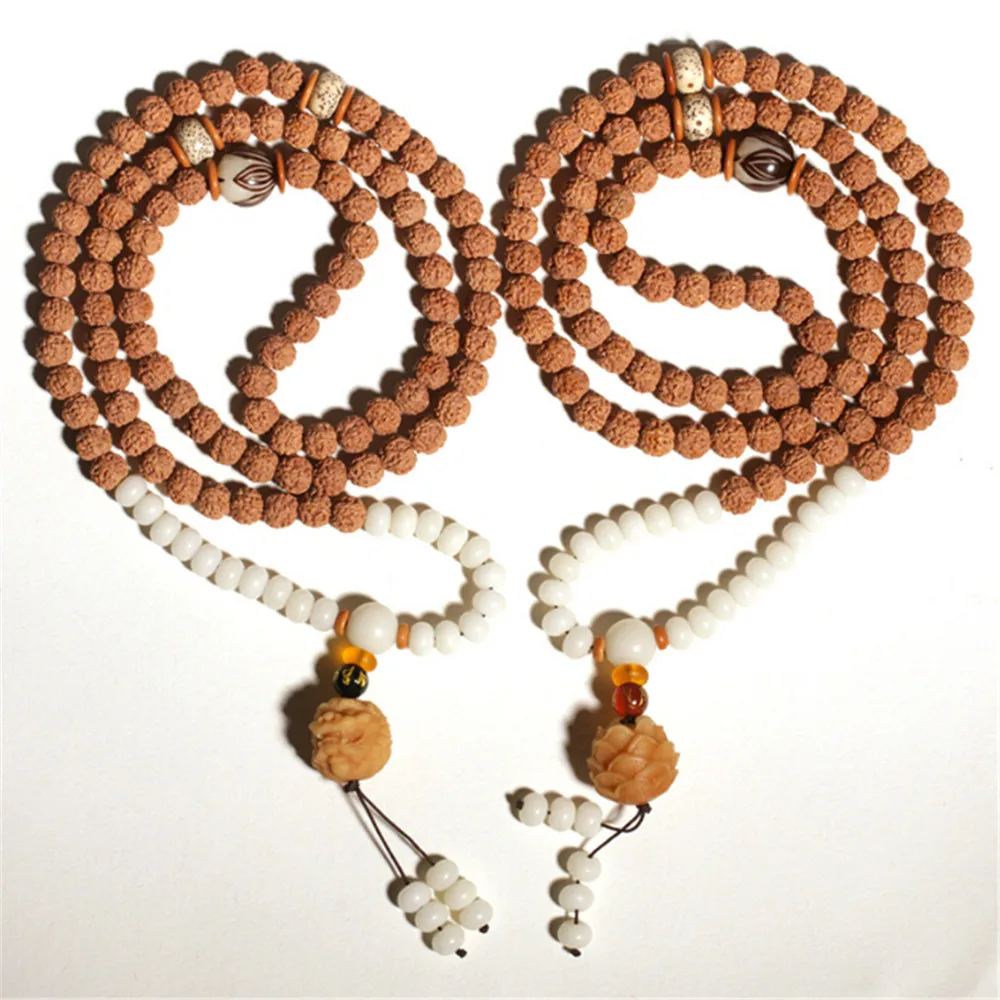 

Nepalese Natural Rudraksha Beads Necklace 108 Mala Sweater Chain Men and Women Necklace or Bracelets with Pixiu or Lotus Pendant