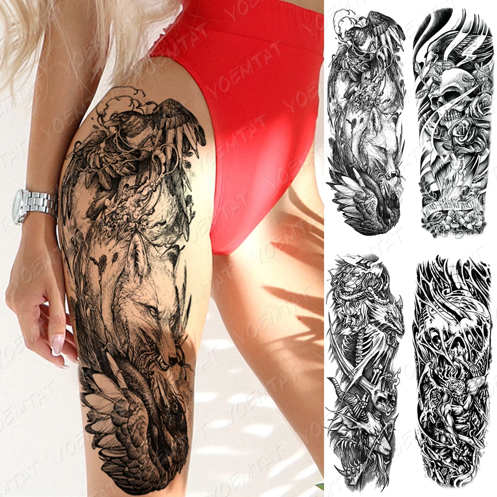 

Waterproof Temporary Full Arm Tattoo Stickers Crow Skeleton Fox Forest Devil Flash Tattoos Women Body Art Fake Sleeve Tatto Male