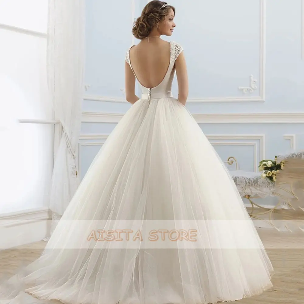 

Gorgeous Ball Gown Weddding Dresses Elegant Cap Sleeve Lace Beading Sashes Tulle Sweep Train Bridal Gown Vestidos De Noiva