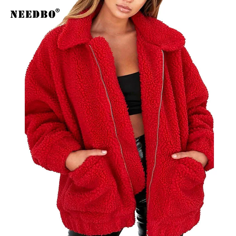 NEEDBO Woman Winter Coat Oversize Fleece Solid Warm Winter Jacket Women Female Coat Outwear Turn Down Collar Woman Jacket Parka