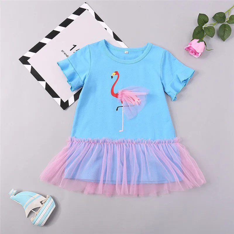 

Girl Embroidered Mesh Dress Blue Lace Round Neck Short Sleeve Animal Print Adornment Lovely Pink Skirt Above Knee Mini Summer