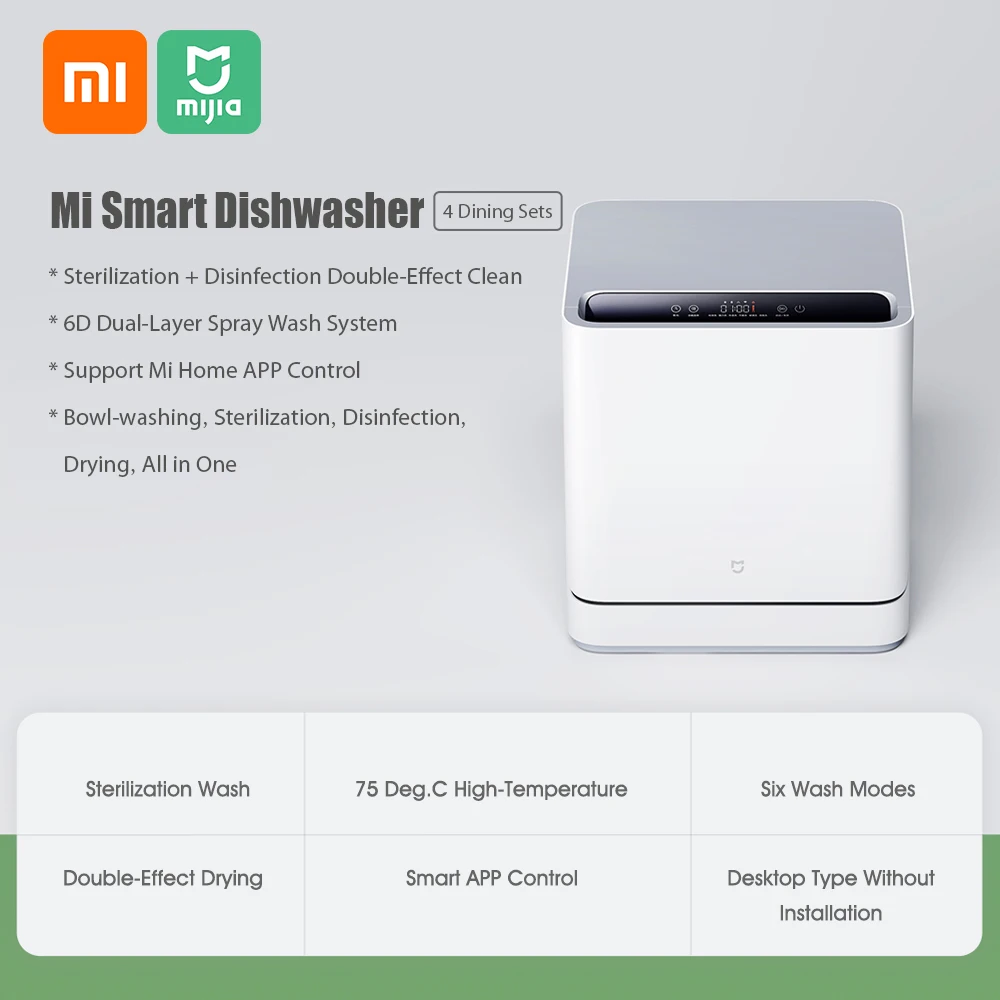 Mi Smart Dishwasher 4 Dining Sets Desktop Kitchen Cleaner Dish Wash Machine Tableware Washable Work with Home App |