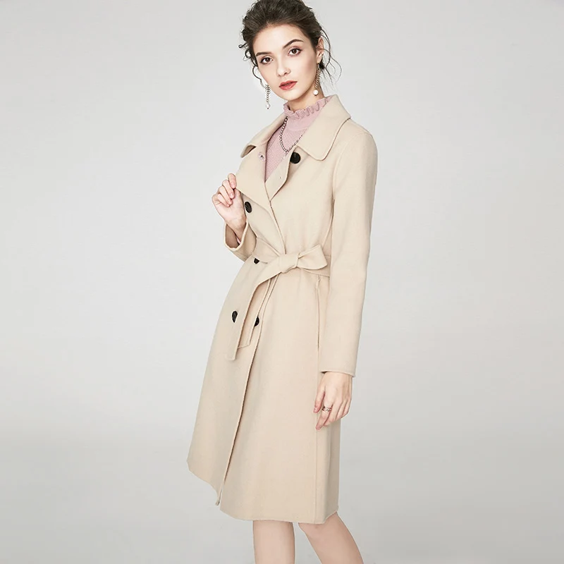 Женское подиумное пальто отложной воротник длинный рукав пояс двойной кашемир
