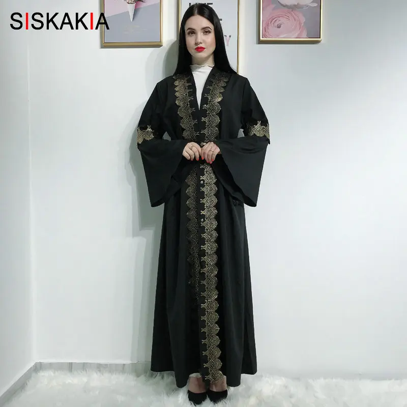Siskakia мусульманское платье абайя черное Горячее тиснение печать открытые платья для женщин Арабский Кимоно размера плюс расклешенный рукав с поясом