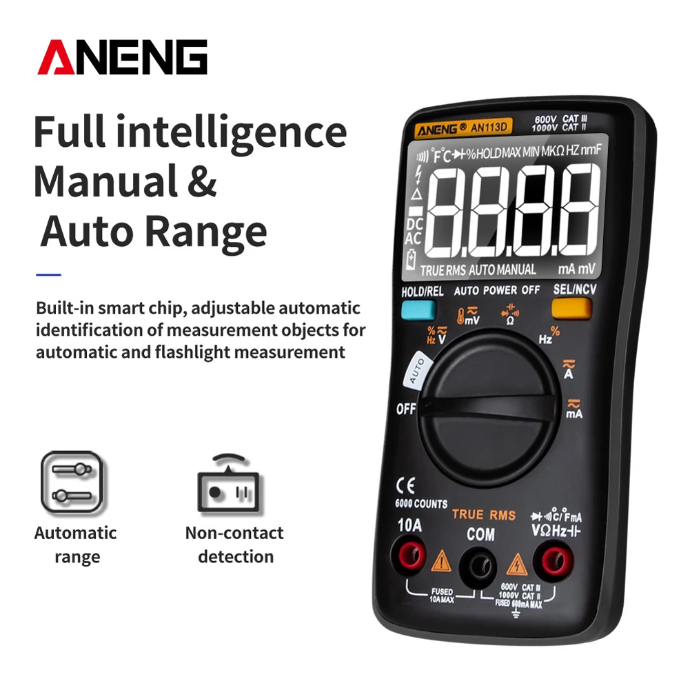 AN113D Digital Multimeter 6000 Counts Electrical Transistor Tester Temperature Auto Ranging AC/DC Voltage Meter for Electrician