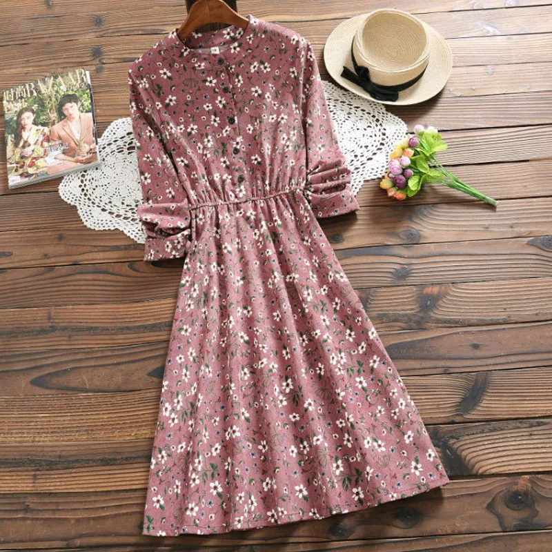 

New Japanese Mori Girl Summer Women Corduroy Dress Korean Long Sleeve Sweet Lolita Dress Casual Elastic-Waisted Vintage Vestidos