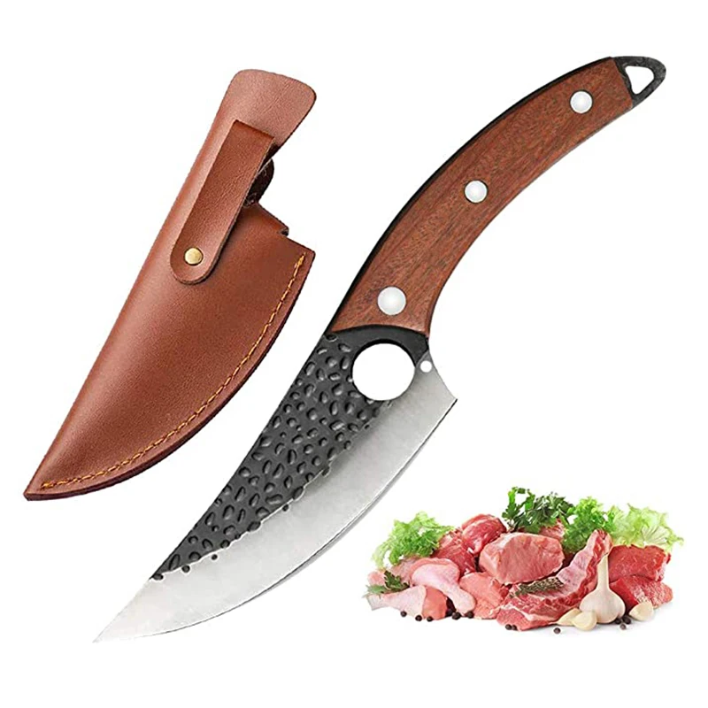 

Kitchen Chef Knife Meat Cleaver Outdoor Camping Facas Artesanais With Leather Sheath Forged Multifuncional Knives Wood Handle