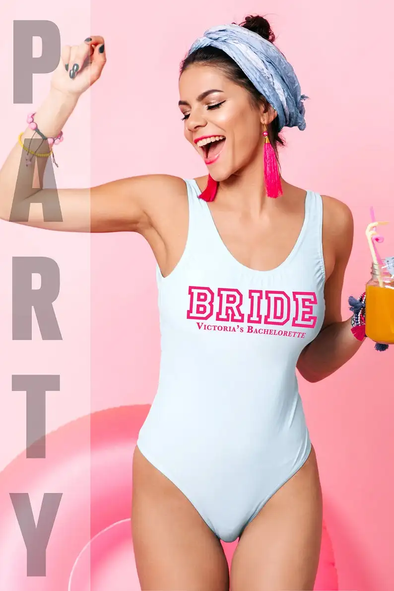 

Cute Matching Swimsuits Team Bride Bachelorette Party Bathing Suits Beach High Cut Swimwear Low Open Back Swims Wear 2021 Female