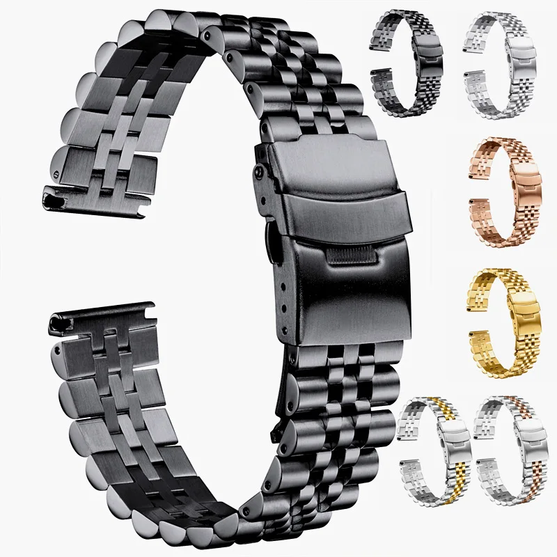 

Solid Steel Watch Band Five Beads Stainless Steel Bracelet Strap Insurance Buckle Belt Watch Accessories 18 19 20 21 22 23 24mm