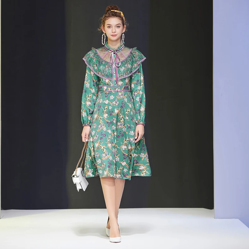 

Spring Autumn Designer New Velvet Bow Ribbons Lace Stitching Imitation Pearl Buttons Floral Casual Fashion Midi Dress