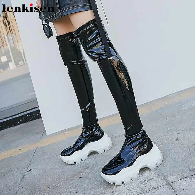 Женские эластичные сапоги Lenkisen зимние теплые до бедра из коровьей кожи на