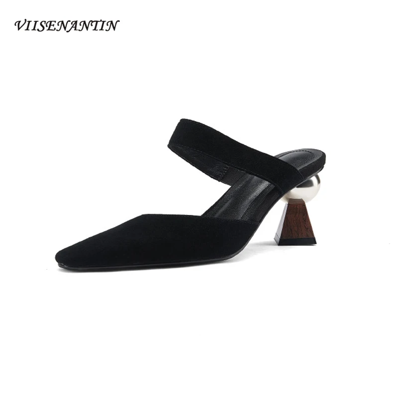 

2021 summer new frosted sheepskin toe cap high-heeled mules shoes