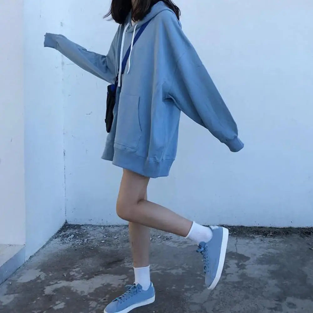 New 2021 Women Autumn Solid Color Pocket Mid-length Hoodie Long Sleeve Loose Sweatshirt